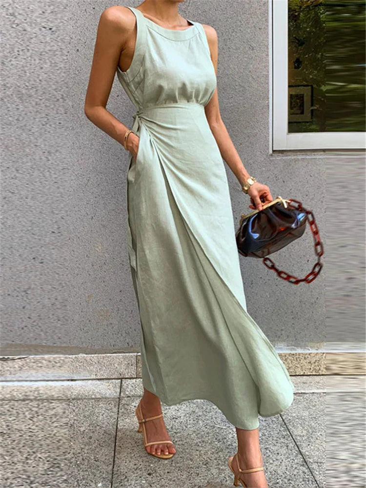 Robe Longue Femme – Sans Manches – Encolure Ronde