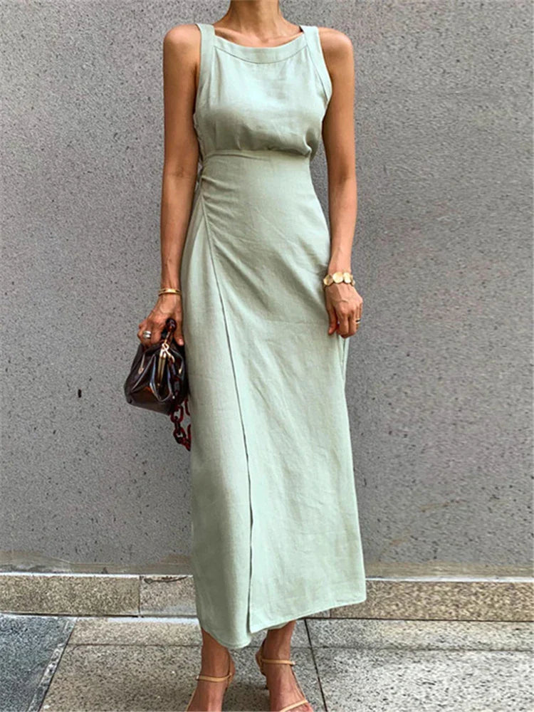 Robe Longue Femme – Sans Manches – Encolure Ronde