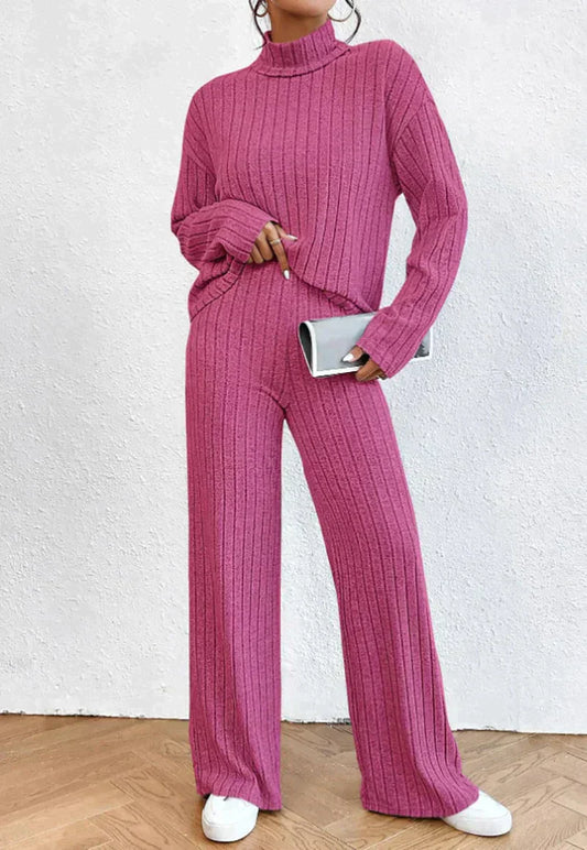 Women's Set - Ribbed Turtleneck Sweater & High-Waisted Wide Leg Pants