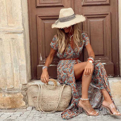 Robe Longue Femme - Manches Courtes Fendue