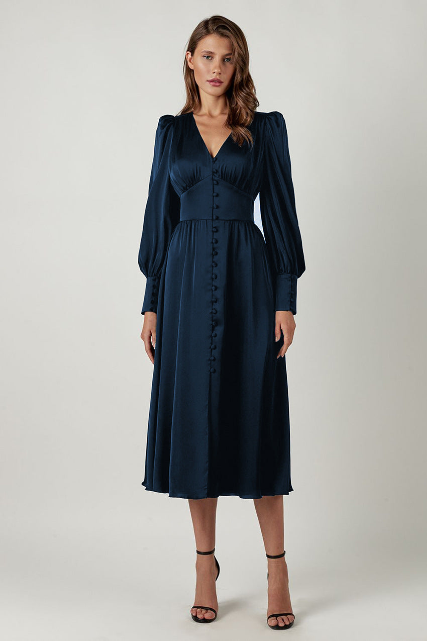 Robe Midi Femme - Col V Boutonné - Manches Longues Bouffantes