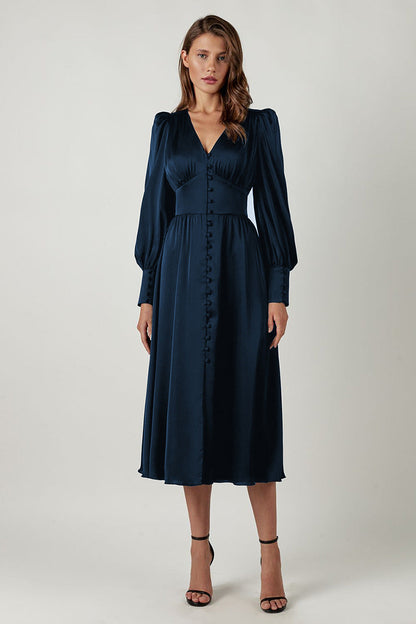 Robe Midi Femme - Col V Boutonné - Manches Longues Bouffantes