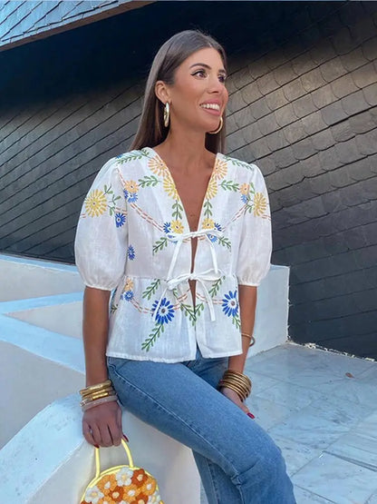 Blouse Femme - Décolleté V Noué Manches Courtes