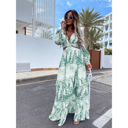 Robe Longue Femme - Décolleté V - Manches Longues - Taille Découpée