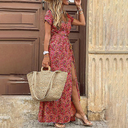Robe Longue Femme - Manches Courtes Fendue
