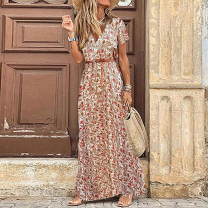 Robe Longue Femme - Manches Courtes Fendue