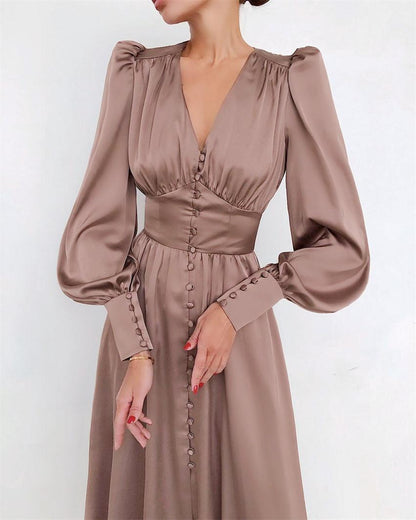 Robe Midi Femme - Col V Boutonné - Manches Longues Bouffantes