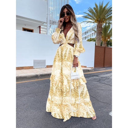 Robe Longue Femme - Décolleté V - Manches Longues - Taille Découpée