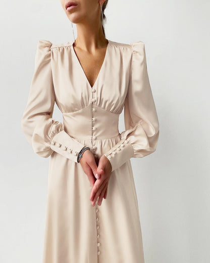 Robe Midi Femme - Col V Boutonné - Manches Longues Bouffantes