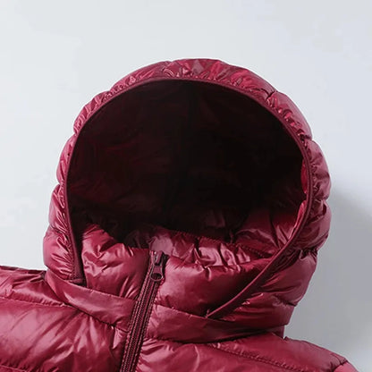 Sophie elegant long down jacket with removable hood