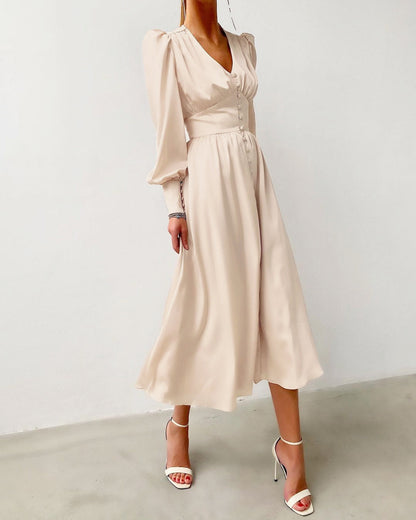 Robe Midi Femme - Col V Boutonné - Manches Longues Bouffantes