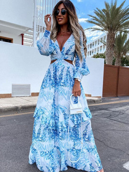 Robe Longue Femme - Décolleté V - Manches Longues - Taille Découpée