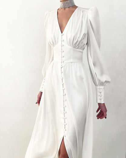 Robe Midi Femme - Col V Boutonné - Manches Longues Bouffantes