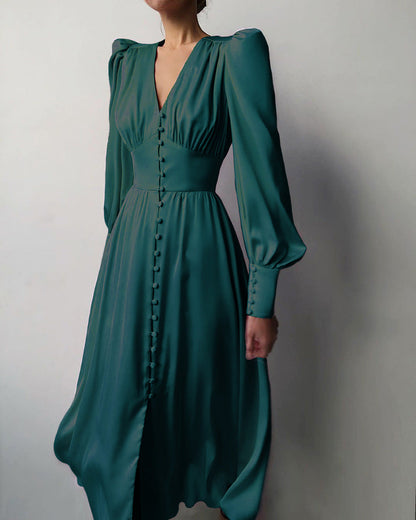 Robe Midi Femme - Col V Boutonné - Manches Longues Bouffantes