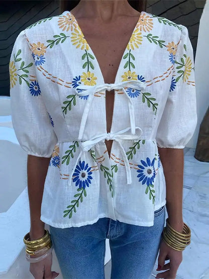 Blouse Femme - Décolleté V Noué Manches Courtes