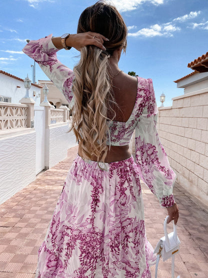 Robe Longue Femme - Décolleté V - Manches Longues - Taille Découpée