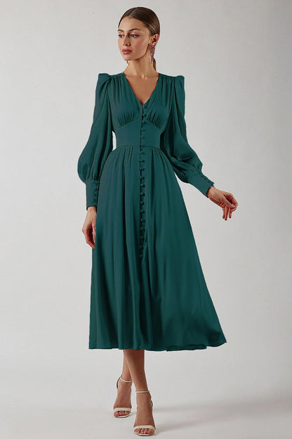 Robe Midi Femme - Col V Boutonné - Manches Longues Bouffantes