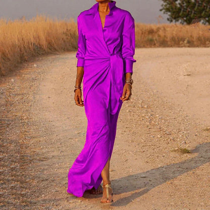 Robe Longue Femme - Manches Longues Satiné