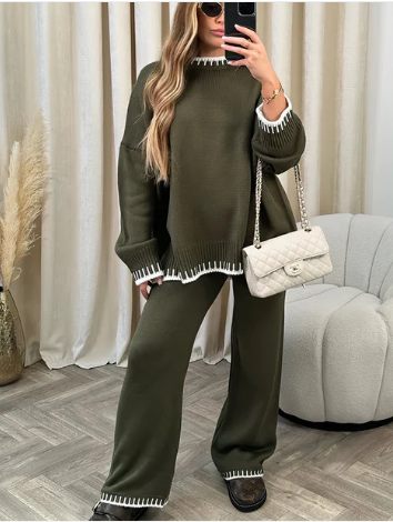 Ensemble Loungewear Femme – Pull Manches Longues Pantalon Droit