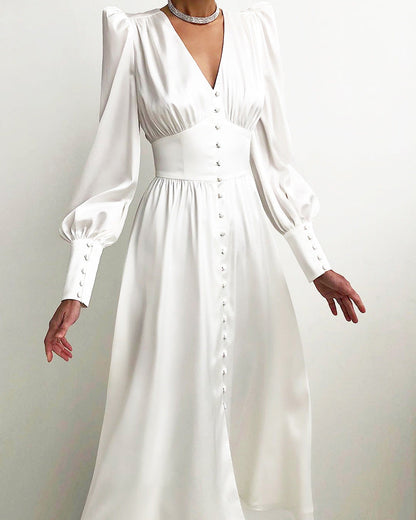 Robe Midi Femme - Col V Boutonné - Manches Longues Bouffantes