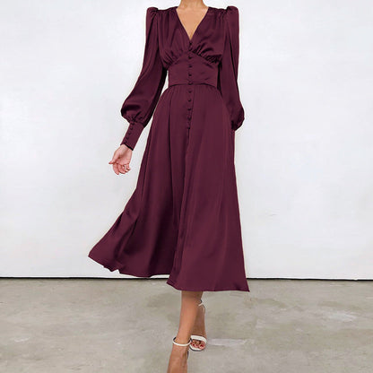 Robe Midi Femme - Col V Boutonné - Manches Longues Bouffantes