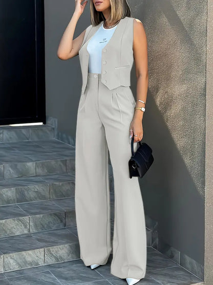 Ensemble Femme – Veste Tailleur Sans Manches & Pantalon Large Taille Haute