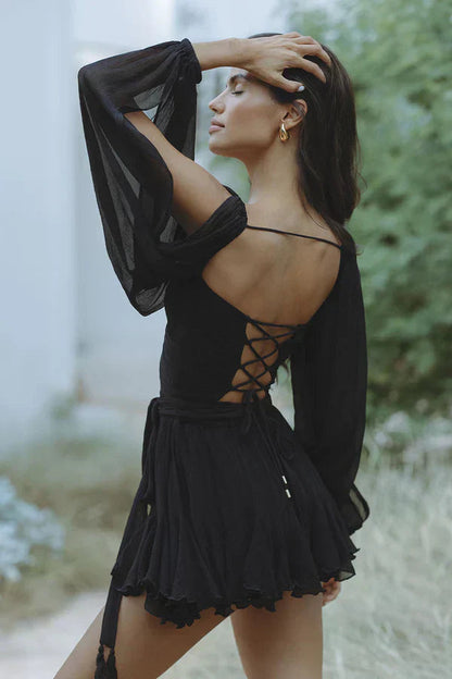 Robe Femme - Décolleté V - Manches Longues Fluides - Taille Ceinturée