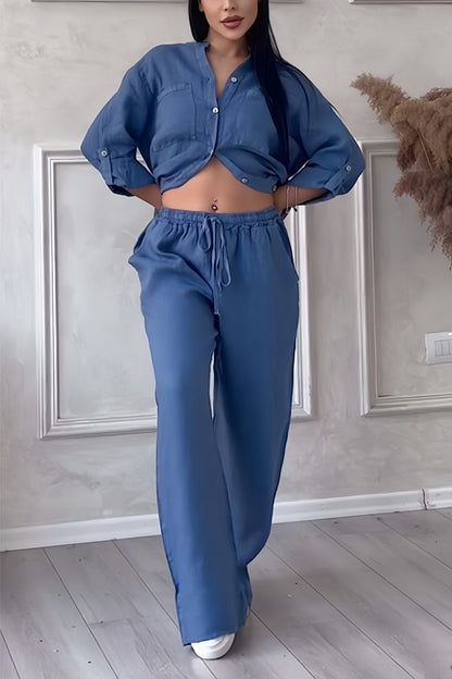 Ensemble Femme - Chemise Boutonnée Col Mandarin & Pantalon Large