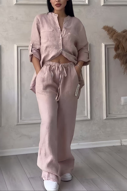 Ensemble Femme - Chemise Boutonnée Col Mandarin & Pantalon Large