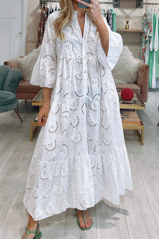 Léna Elegant Long Bohemian Dress in Embroidered Cotton