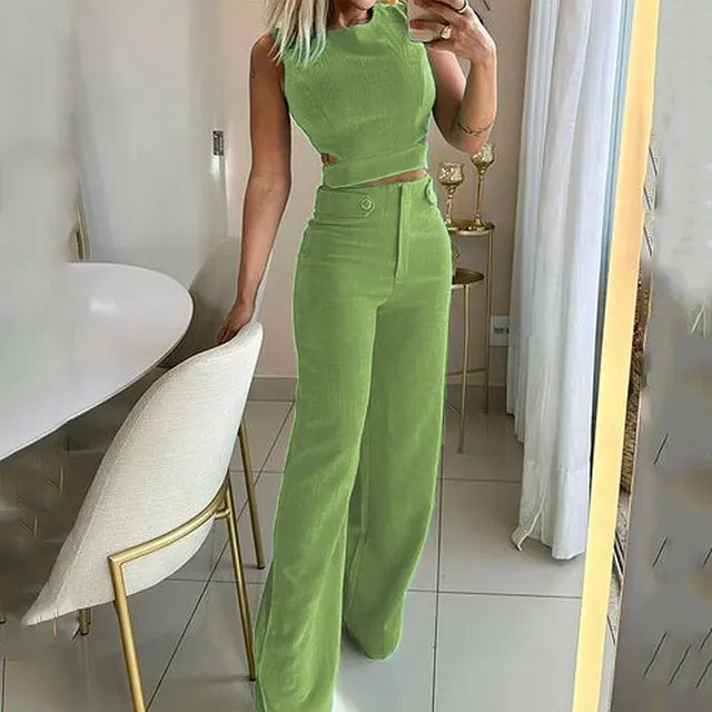 Ensemble Femme – Crop Top Sans Manches et Pantalon Taille Haute
