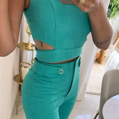 Ensemble Femme – Crop Top Sans Manches et Pantalon Taille Haute