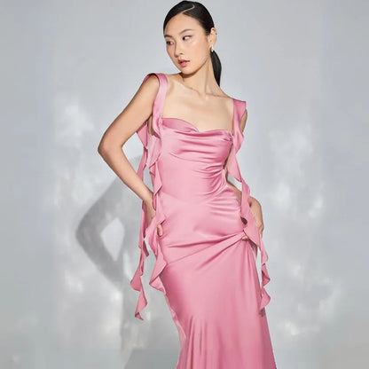 Robe de soirée femme - Longue en soie - Col carré