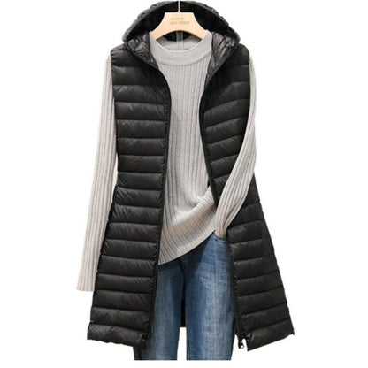 Léa – Gilet sans manches mi-long léger à capuche pour l’automne et l’hiver
