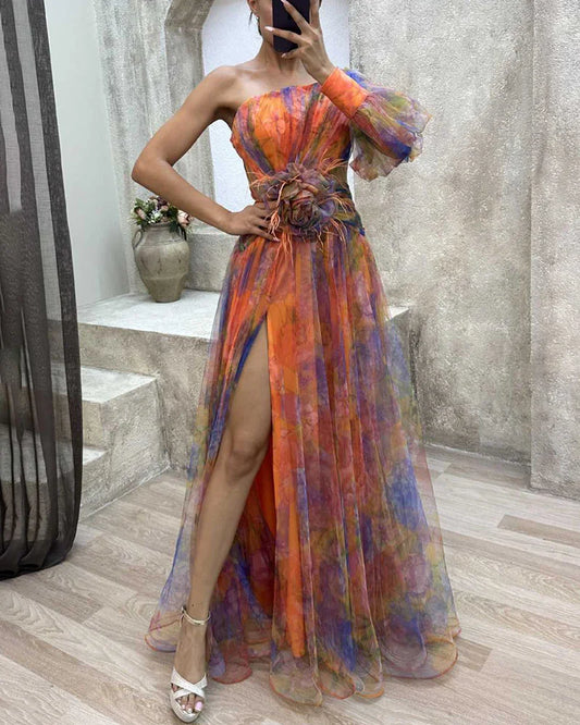 Robe de soirée femme - Une épaule asymétrique - Manches longues bouffantes