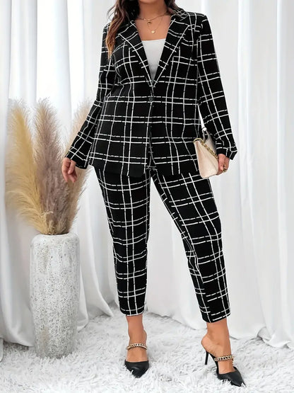 Tailleur Femme - Veste Cintrée à Revers Notch Pantalon Carreaux