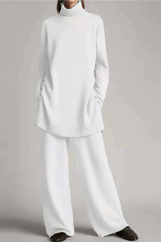 Women's Set - Oversized Knitted Turtleneck & Wide Leg Pants