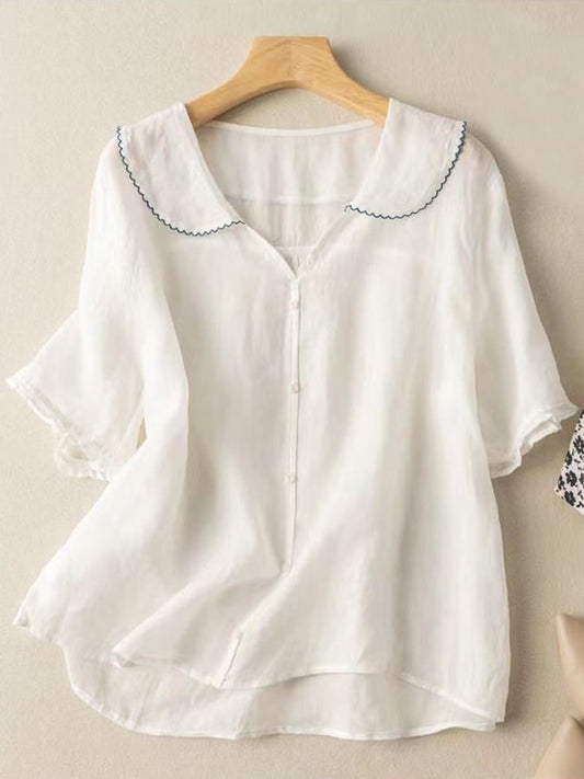 Léa | Soft and elegant cotton-linen blouse with Peter Pan collar