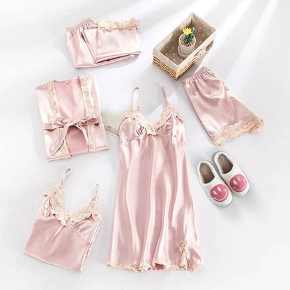 Sophie Elegant Satin Set – 5-Piece Pajama with Lace Details