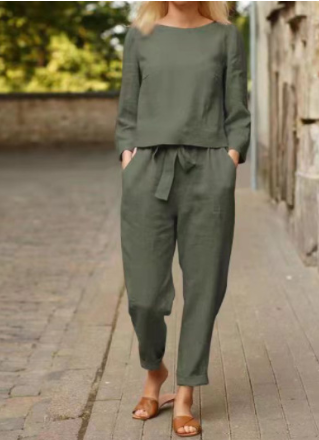 Ensemble Femme en Lin - Haut Manches Longues et Pantalon Droit Taille Ceinturée