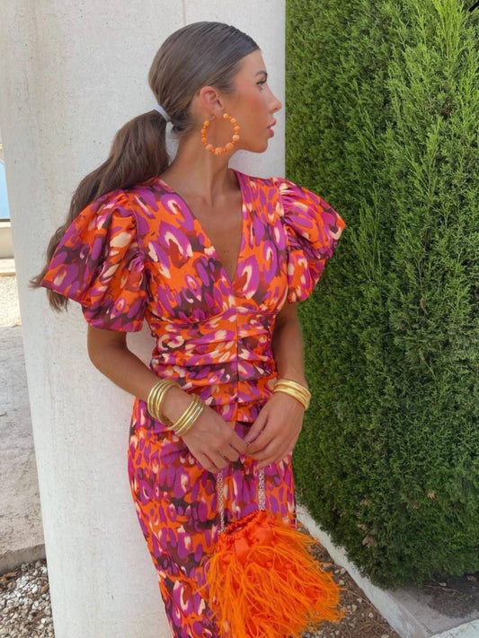 Amelia – Elegant Long Dress with Puff Sleeves and Flowing Cut