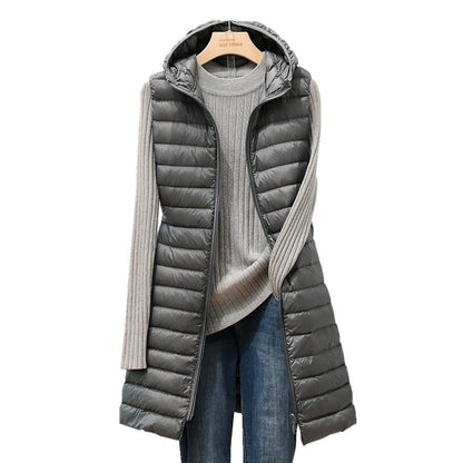 Léa – Gilet sans manches mi-long léger à capuche pour l’automne et l’hiver