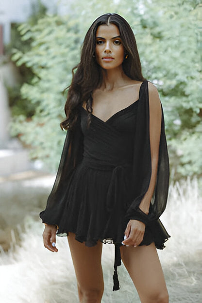 Robe Femme - Décolleté V - Manches Longues Fluides - Taille Ceinturée