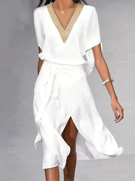 Léa Elegant White Midi Dress with V-Neck