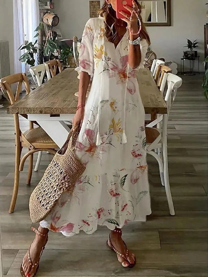 Robe Longue Femme - Col V Élégant - Manches Mi-Longues