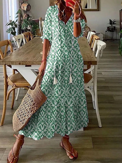 Robe Longue Femme - Col V Élégant - Manches Mi-Longues