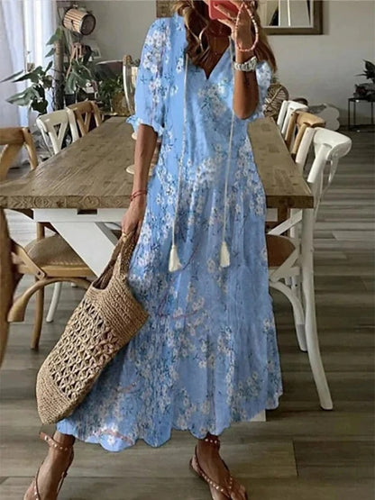 Robe Longue Femme - Col V Élégant - Manches Mi-Longues