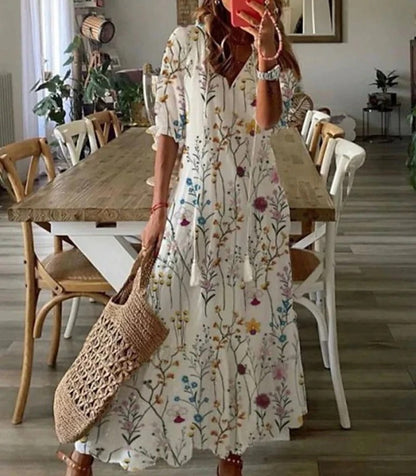 Robe Longue Femme - Col V Élégant - Manches Mi-Longues
