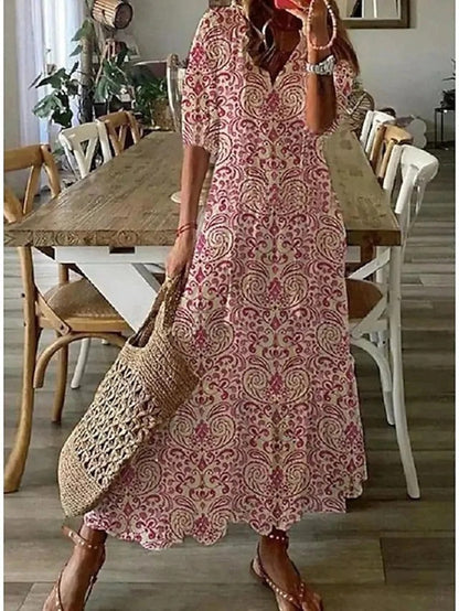 Robe Longue Femme - Col V Élégant - Manches Mi-Longues