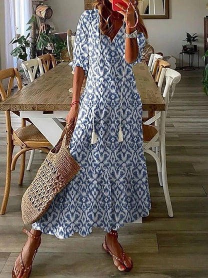 Robe Longue Femme - Col V Élégant - Manches Mi-Longues